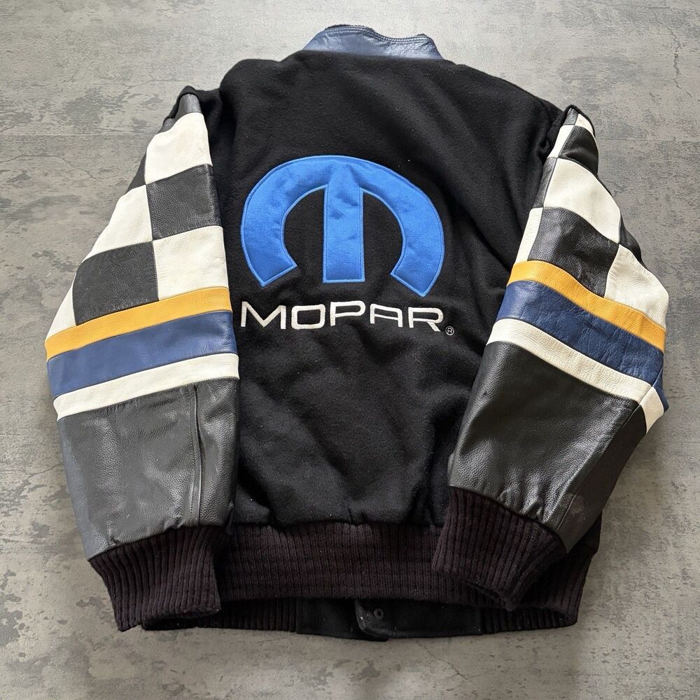 Vintage Mopar Jacket Mens M Blue Black Wool Leather Racing Bomber Chrysler Dodge